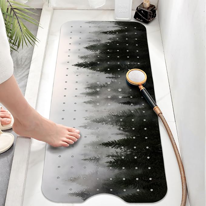 Misty Forest Bathtub Mat Non Slip, Baby Bath Mat for Tub Rubber Tub Mat, Kids Bath Mats for Bathroom Nature Trees Anti Slip Shower Mat with Suction and Drain Holes Machine Washable, 40″X16″