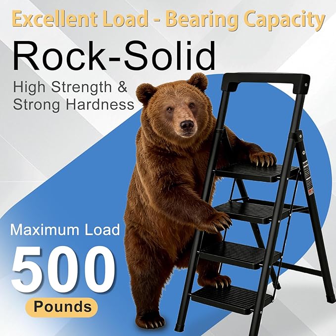 4 Step Ladder with Handrail Folding Step Stool with Tool Tray 500LBS Capacity Sturdy Carbon Steel Frame Anti-Slip Stripe Pedal for Home Kitchen Garage (black-4step)