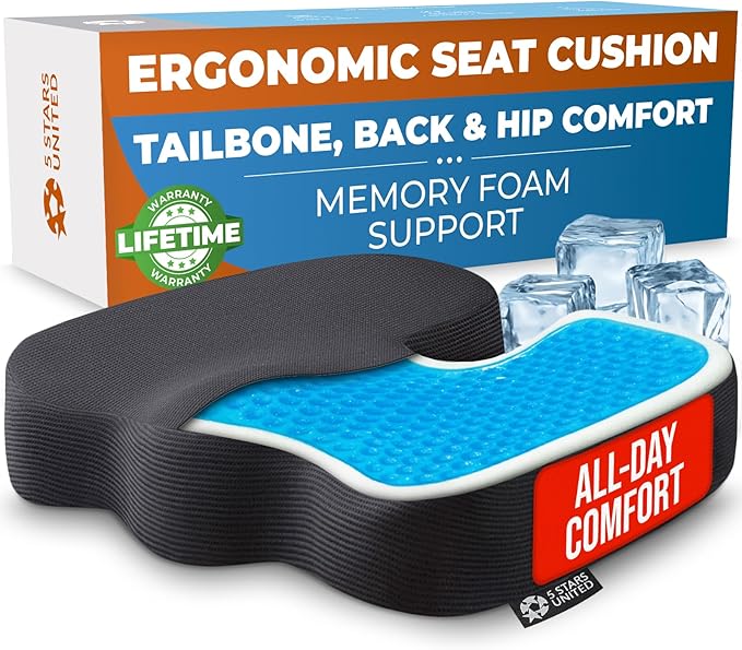 5 STARS UNITED Seat Cushion - Memory Foam & Cooling Gel - Chair Cushion for Tailbone Pain Relief - Ergonomic Support for Coccyx, Sciatica & Butt - Office, Desk & Gaming Chair, Car, Wheelchair, Black