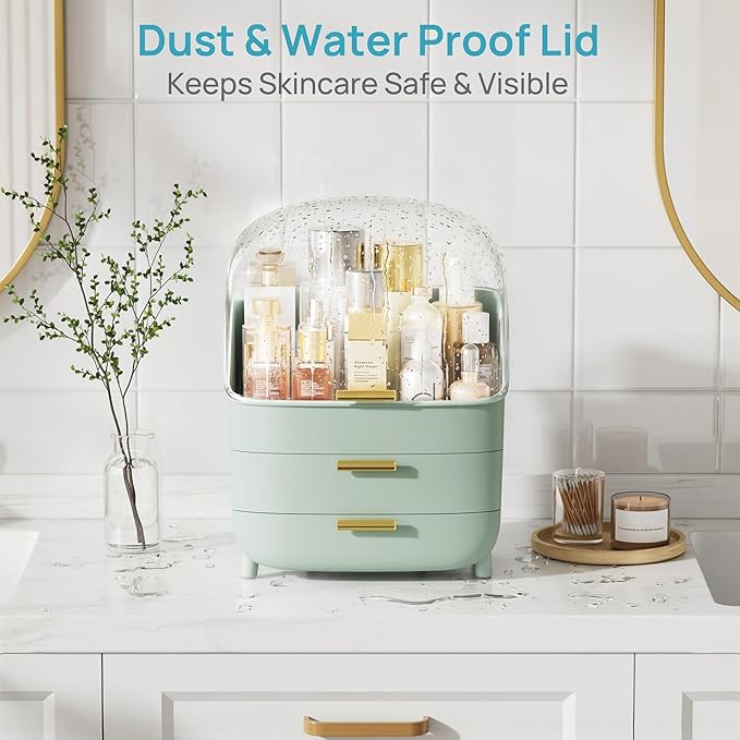 Vtopmart 3-Tier Skincare Makeup Organizer with Drawers and Lid for Vanity and Bathroom Countertop, Large Cosmetic Storage Box Case for Dresser, with Non-Slip Base, Green