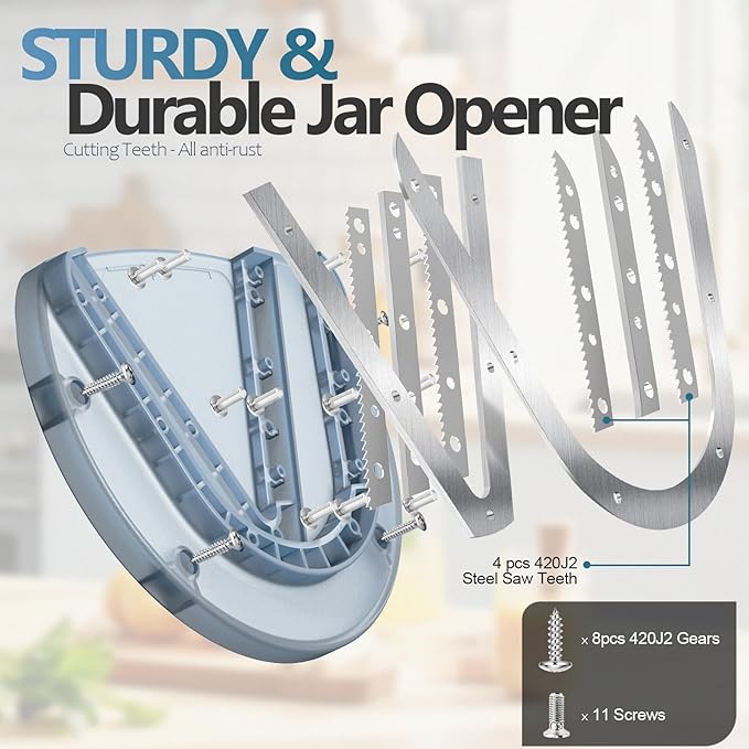 Mount-on Cabinet Jar Opener for Weak Hands,Seniors with Arthritis,Double U Shaped Grooves Grip Bottle Opener for Any Size Lid,304 Stainless Steel One-Handed Can Opener Tool for Home Assistance,Blue