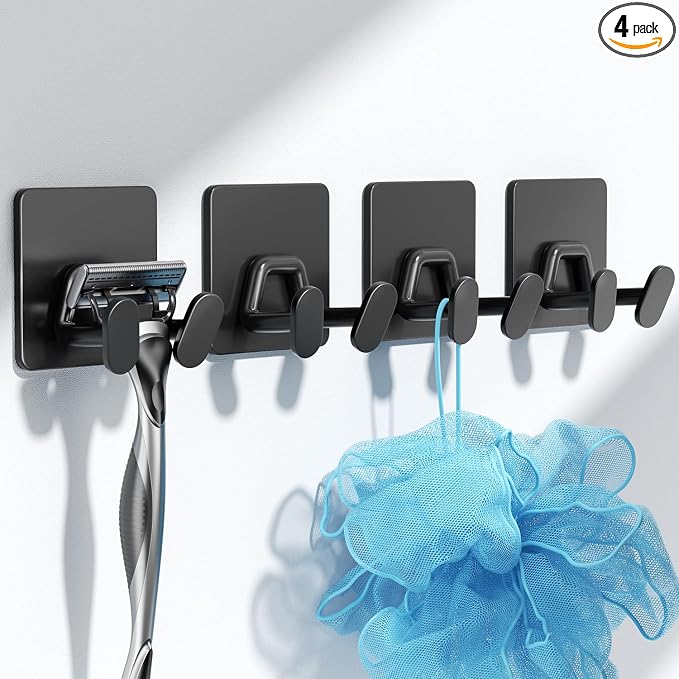 Adhesive Shower Hooks for Inside - Extra Sticky Stainless, Razor Holder Shower Accessories, Wall Mounted Self-Adhesive Double Hooks for Razor, Loofah, Towel, Shaver, Coat, Key, Matt Black, 4-Pack