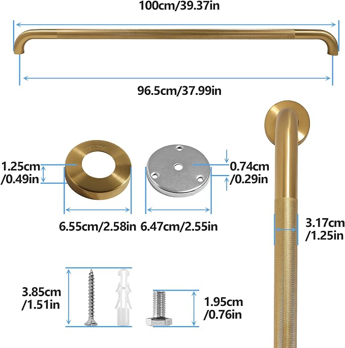 Shower Grab Bar, 2 Pack 39.4 Inch Gold Bathroom Grab Bar, 1.25" Diameter 304 Stainless Steel Anti-Slip Grab Bars for Bathtubs and Showers, Handicap Shower Grab Bar for Seniors Elderly