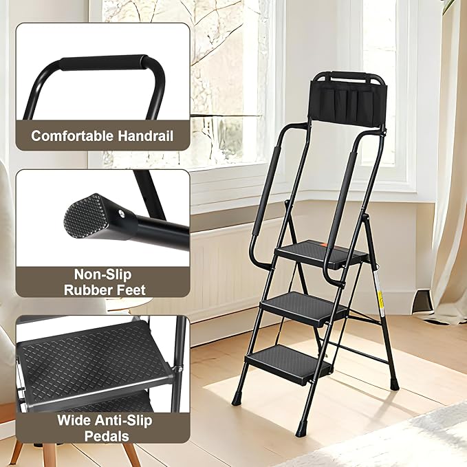 Valeo 3 Step Ladder with Handrails,500 Lbs Capacity,Folding Step Stool Ladder with Attachable Tool Bag,Lightweight & Storage Step Ladder 3 Step Folding,Multi-use for Home,Kitchen,Office,Black