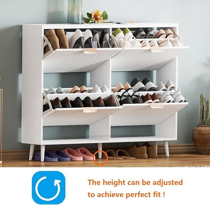 Shoe Cabinet Storage,Modern Freestanding Organizer with 4 Flip Drawers,Narrow Shoe Rack Cabinet for Entryway,White