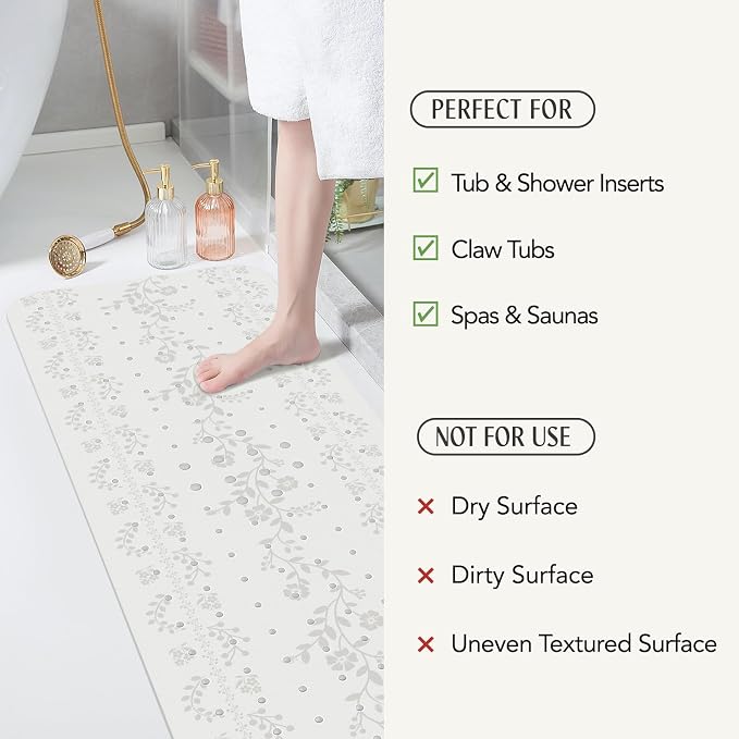 SHUCHING White Bath Mat for Tub Non Slip for Women-40 X 16 Inch, Flower Non Slip Bathtub Mat for Adults & Elderly Mold Free, Long Shower Mat for Inside Shower with Suction Cup, Machine Washable