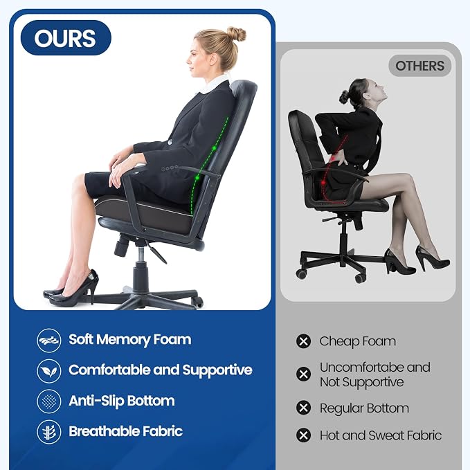 SweetSlubr Seat Cushion for Tailbone Pain Relief, Office Chair Cushion, Memory Foam Large Chair Cushion with Non-Slip Cover for Soft Support at Office Chair, Car Seat, Airplane Grey/2X-Large