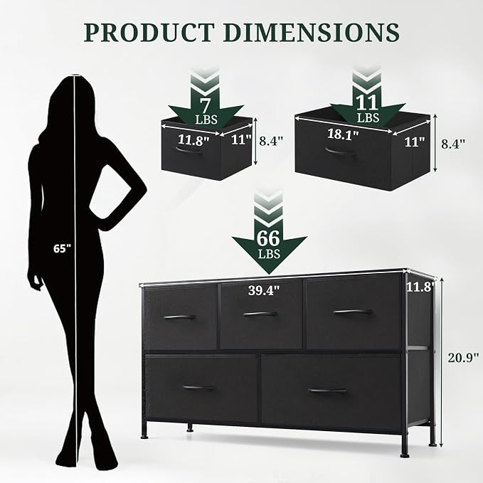 5-Drawer Dresser for Bedroom, Anti-Tip Wide Storage Organizer Fabric Chest of Drawers TV Stand for 45" TV with Wooden Top and Metal Frame for Closet, Living Room, Hallway, Entryway, Black