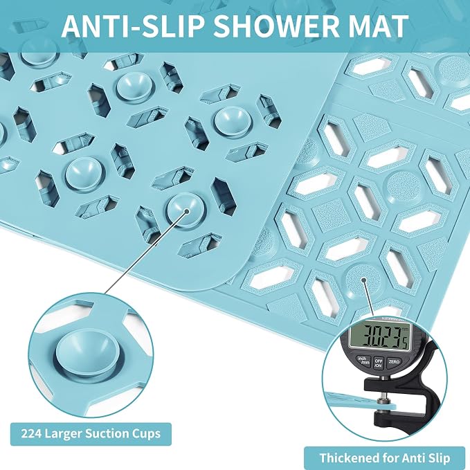 OTHWAY Square Shower Mat, 27"x 27" Extra Large Shower Mats for Inside Shower, TPE Anti Slip Shower mat with Suction Cups Drain Holes, Machine Washable Shower Floor Mat (Blue)
