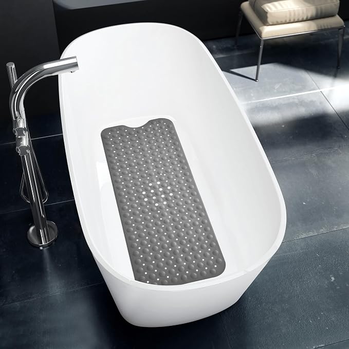 LUX Décor Non-Slip Bathtub Mat, Extra Large 40x16 Inches – Anti-Slip Safety Shower Mat with Suction Cups & Drain Holes – Machine Washable Bath Mat – Grey