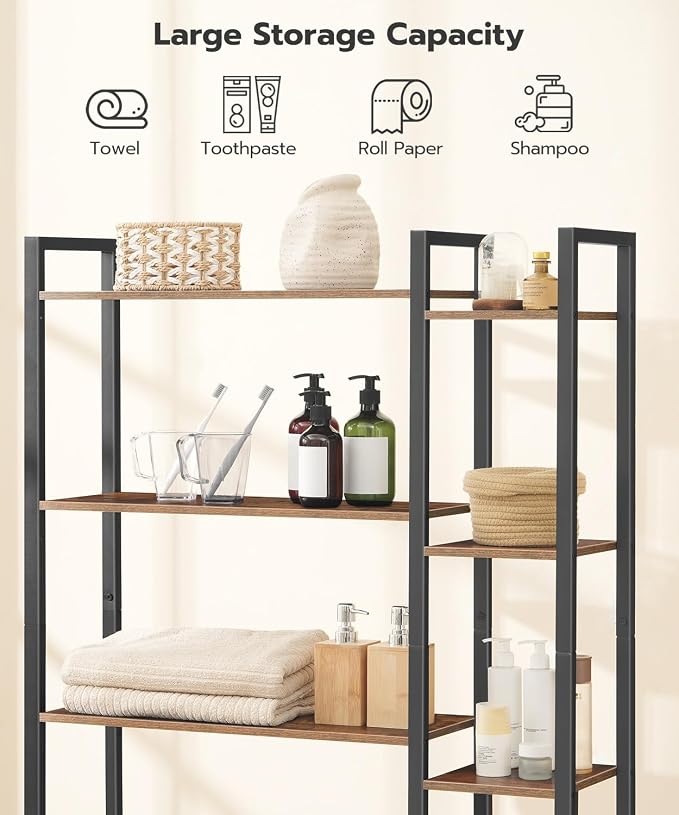 HOOBRO Over The Toilet Storage, 8-Tier Bathroom Organizer Over Toilet Shelf, Storage Rack Above Toilet Stand, Freestanding Space Saver, Toilet Paper Holder, Rustic Brown and Black BF86TS01