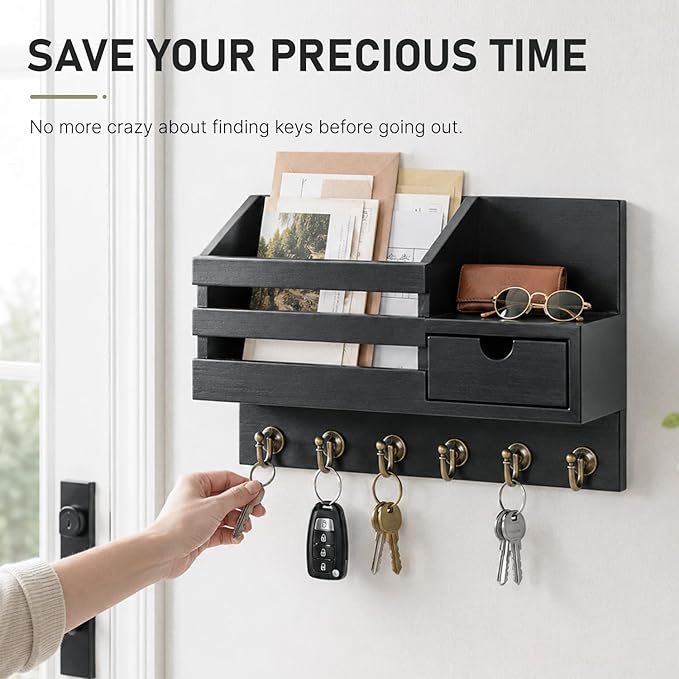 FifthQuarter Key and Mail Holder for Wall, Mail Organizer Wall Mount with 6 Hooks and Storage Drawer, Easy Installation Key Rack for Entryway and Home Decor (A-Black)
