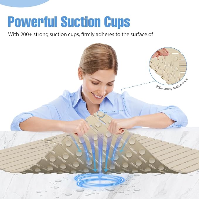 Shower Mat Non-Slip Bath Mat for Tub and Shower Stall,236 Suction Cups with Drain Holes, Quick Dry Machine Washable, Extra Grip for Stand Up Showers, Bathroom Essentials 24x24 Inch (Light Brown)