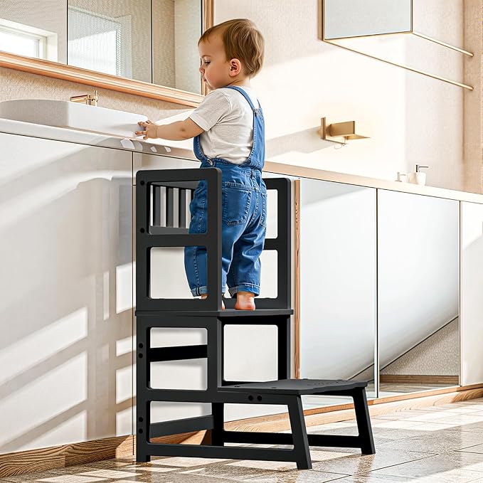 COSYLAND Toddler Step Stool with Armrest – Wooden Helper for Bathroom Sink, Potty, Kitchen, Bedroom – 300 lbs Load Capacity Ladder with Removable Anti-Fall Side Frame – Black