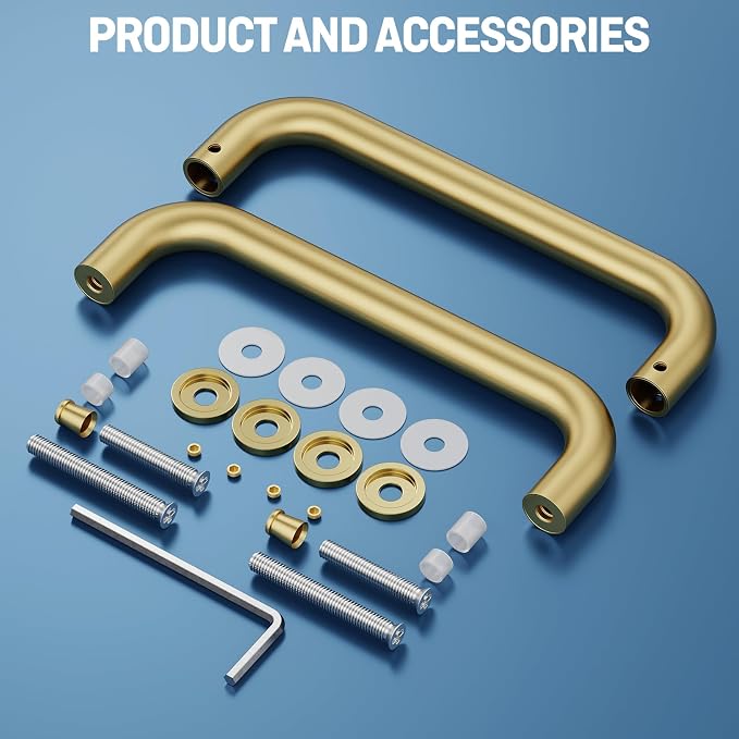 Ranbo Gold Plated 8" CTC Tubular Back-to-Back Shower Door Handle,Heavy-Duty 1.0mm Thick 304 Stainless Steel,for 1/4"- 1/2" Thick Glass and 1-3/8" - 2-1/6" Thick Wooden or Metal Doors，Brass Gold 8" CTC