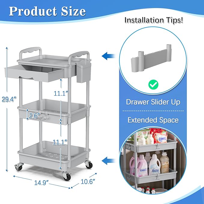SUNALLY 3 Tier Rolling Cart with Drawer, Bathroom Storage Organizer with 2 Lockable Wheels, Multifunctional Rolling Storage Cart for Bathroom, Kitchen, Office, Craft, Makeup, Baby Essentials, Gray