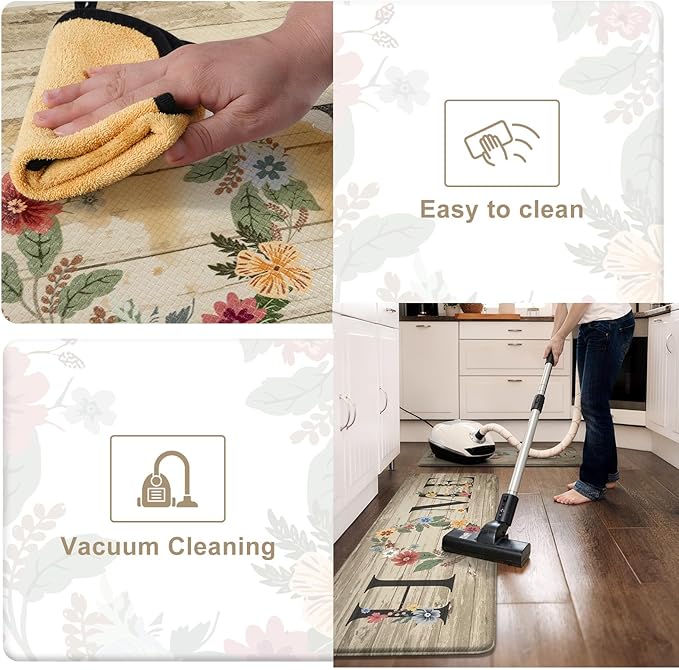 KIMODE Anti Fatigue Kitchen Mats for Floor 2 Piece,Farmhouse Floral Rugs Cushioned,Comfort Memory Foam Carpet Non Slip for Sink Laundry Office Bathroom,Beige 17"x47"+17"x29"