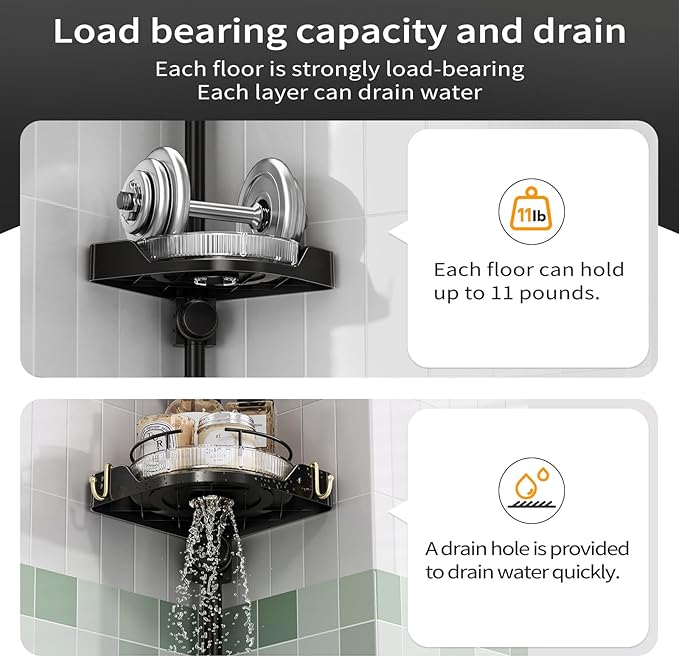 YCIA&DONE 360° Rotating Shower Caddy Tension Pole, 4 Tiers Corner Shower Organizer for Bathroom Shelf Bathtub, Adjustable Standing Shower Rack, Easily Assemble, 34-124 Inch Height, Black