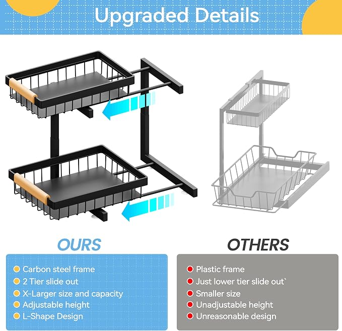 ADBIU Under Sink Organizer(10 Seconds Installation), 2 Packs 2 Tier Expandable Height (11"" - 16"") Under-Sink Organizers Slide out Pull out Organizer Shelf, Black