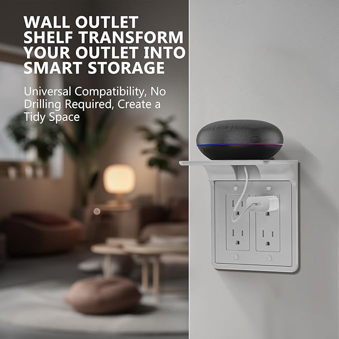 WALI Double Outlet Shelf Wall Holder – Bathroom Shelf Duplex for Electric Toothbrush, HomePod Mini, Echo Dot & Phone Charging – White (DLS001)