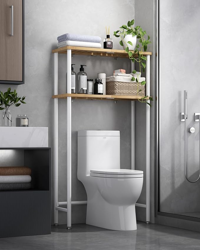 LiSHELF Bamboo Over The Toilet Storage Shelf 2-Tier Bathroom Organizer Rack Freestanding Above Toilet Shelves Space Saver for Small Bathroom, Laundry, White