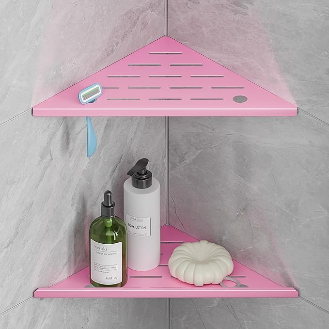Corner Shower Shelves with Razor Hole, Modern Sturdy Shower Shelves Corner, 10" 304 Stainless Steel Shower Organizers Corner Shelf for Tile Wall, No Drilling Grout Mount Bathroom Shelf,Pink