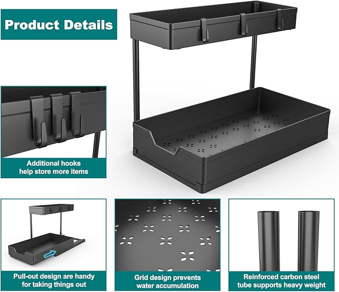 NATURE'S SOURCE 2 Pack Under Sink Organizer 2 Tier Sliding Cabinet Organizers Multi-Purpose Sink Storage Basket L-Shape Narrow Space Storage Shelves with 4 Hook for Kitchen Bathroom Drawer, Black