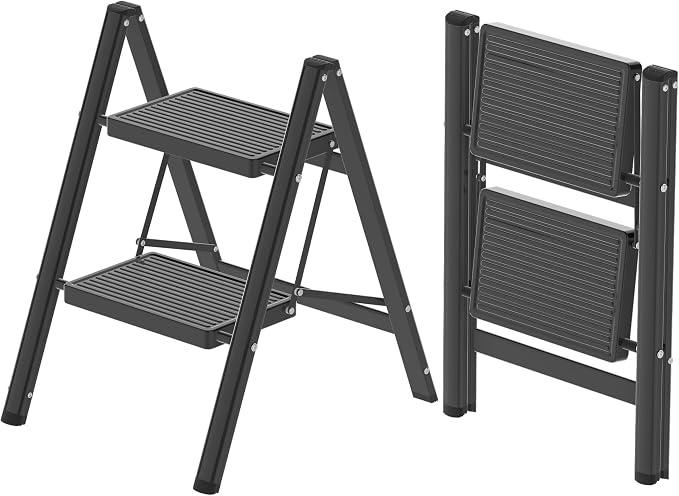 2 Step Ladder, Folding Step Stool with Anti-Slip Wide Pedal, Anti-Slip Feet, Sturdiest Steel Construction, 330lbs Capacity Steel Ladder for Home and Office