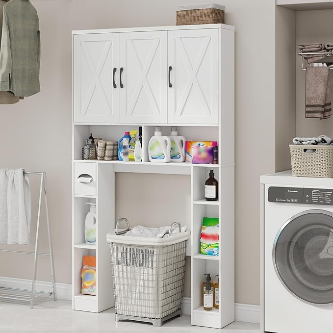 Over The Toilet Storage Cabinet, Farmhouse Toilet Cabinet Rack with 3 Barn Doors, Space Saving Bathroom Organizer with Shelves, Toilet Paper Holder and Towel Rack for Bathroom,Restroom,Laundry, White