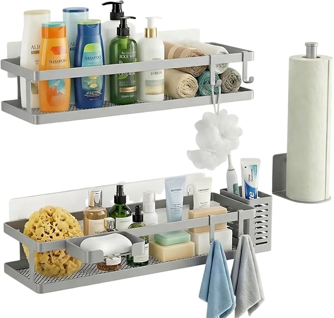 PUSDON 5-in-1 16.5" Extra Long Kitchen Organizer & Shower Caddy Set, Wall Mount Spice Rack with Paper Towel Holder, Utensil Holder & Soap Dish, Rustproof Mesh - Silver Gray, Guardrail