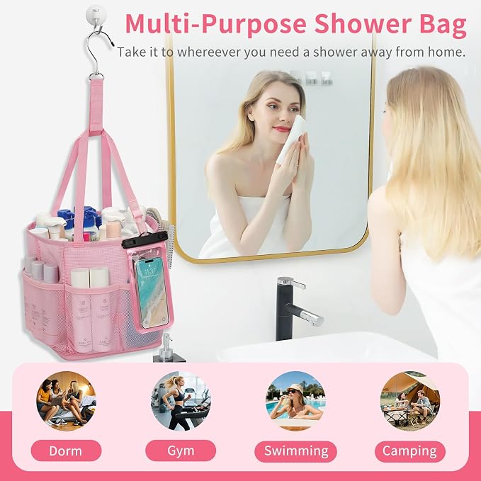 Mesh Shower Caddy Portable for College Dorm Room Essentials, Hanging Shower Caddy with Waterproof Phone Pouch, Large Capacity Shower Bag Basket Tote for Bathroom, Gym, Camping, Swimming, Beach, Pink