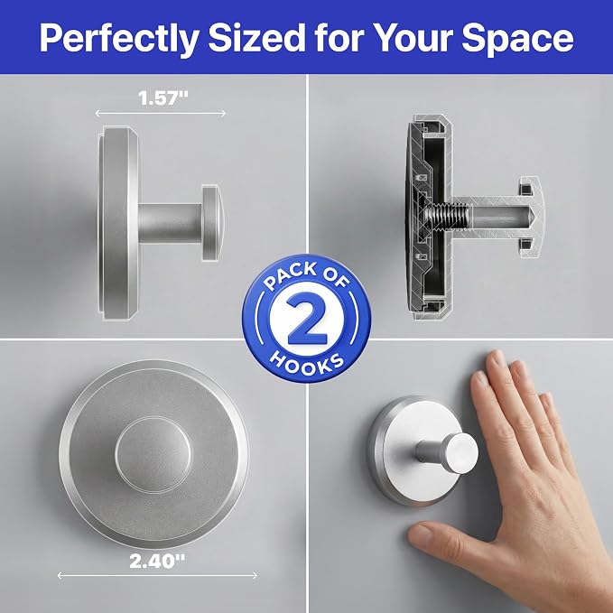 HOME SO Suction Cup Hooks for Shower & Bathroom Towel Holder 2-Pack – Suction Cups Hooks for Hanging Towels, Robes, & Coats - Tiles, Glass Door or Mirror – Shower Hooks & Towel Hooks Organizer -Nickel