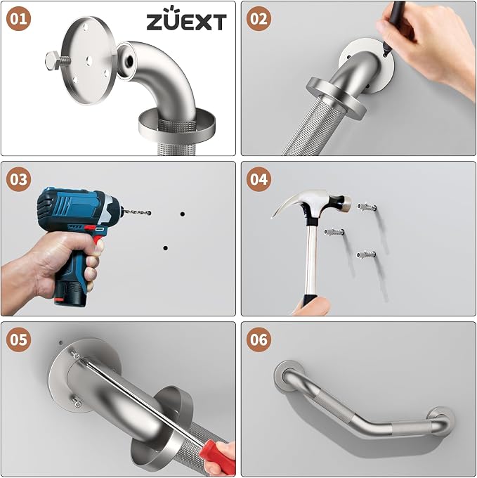 16 Inch Angled Grab Bar 2 Pack, ZUEXT Anti Slip Shower Grab Bar, Brushed Nickel Stainless Steel Knurled Bathroom Balance Bar, Safety Handrail Support,Handicap Elderly Injury Senior Assist Bath Handle