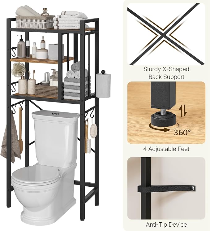 YATINEY Over The Toilet Storage Cabinet, 3-Tier Over The Toilet Storage Rack, Bathroom Organizer with Paper Holder 8 Hooks, Over The Toilet Shelf for Bathroom, Laundry, Rustic Brown and Black TR06BR
