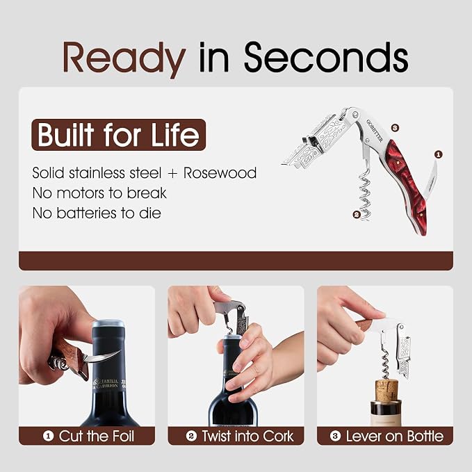 GOBETTER Wine Opener, Professional Corkscrews for Wine Bottles Cap Remover, Manual Wine Key for Home Use, Servers, Waiters Bartenders and Wine Lovers, Burgundy Resin
