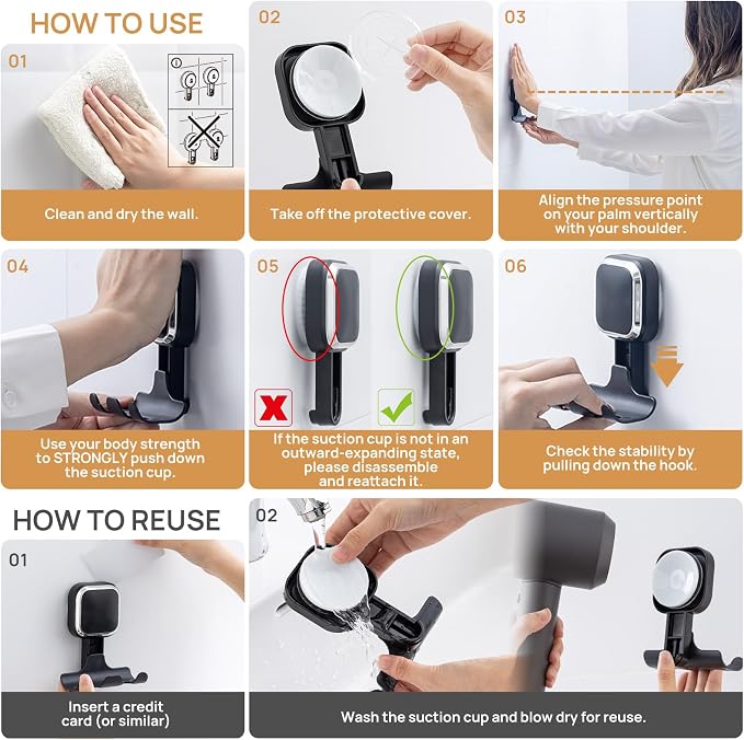 LEVERLOC Vacuum Suction Cup Razor Holder for Shower 2 Pack, Heavy Duty Shower Hooks for Towel, Loofah, Razor, Cell Phone, Damage-Free Hanging Plated Suction Cup Hooks, Easy to Install and Reuse, Black