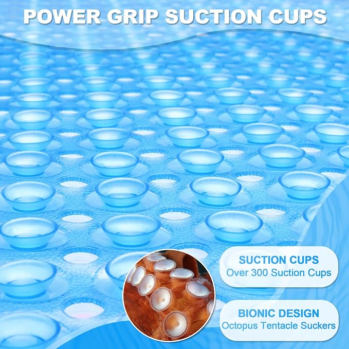 Bathtub and Shower Mats, 40x16 Inch Extra Large Non Slip Soft Bath Tub Mat with Suction Cups and Drain Holes for Bathroom Floor, Machine Washable, Clear Blue