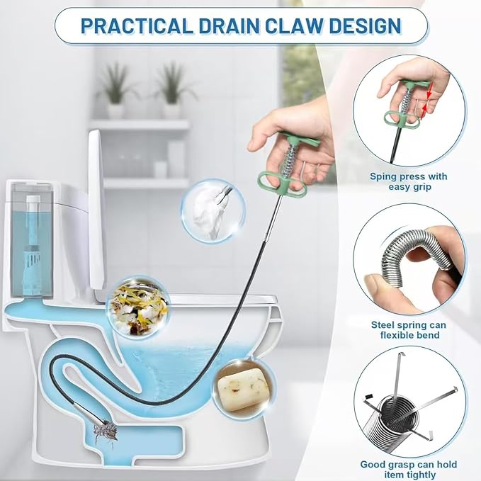 Upgrade 33 Inch Drain Snake Clog Remover with Stronger Claw, Flexible Grabber Tool with Bonus 60 Inch Drain Brush