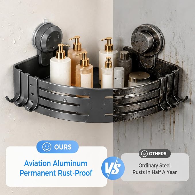 Lekesky Corner Shower Caddy Suction Cups, No Drilling Bathroom Shower Shelf | Aluminum, Rustproof, Suction Cup Can Remove and Reposition, Can hold up to 22 pounds, Also Can hold large shampoo bottles