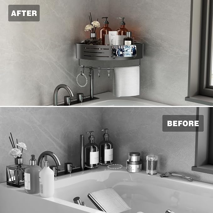Voldra Corner Shower Caddy Suction Cup, Corner Shower Shelves No Drilling, Aluminum Upgrade Suction Cup Shower Organizer with Towel Bar & Hooks Removable Bathroom Storage Rack(3 Pack,Gray)