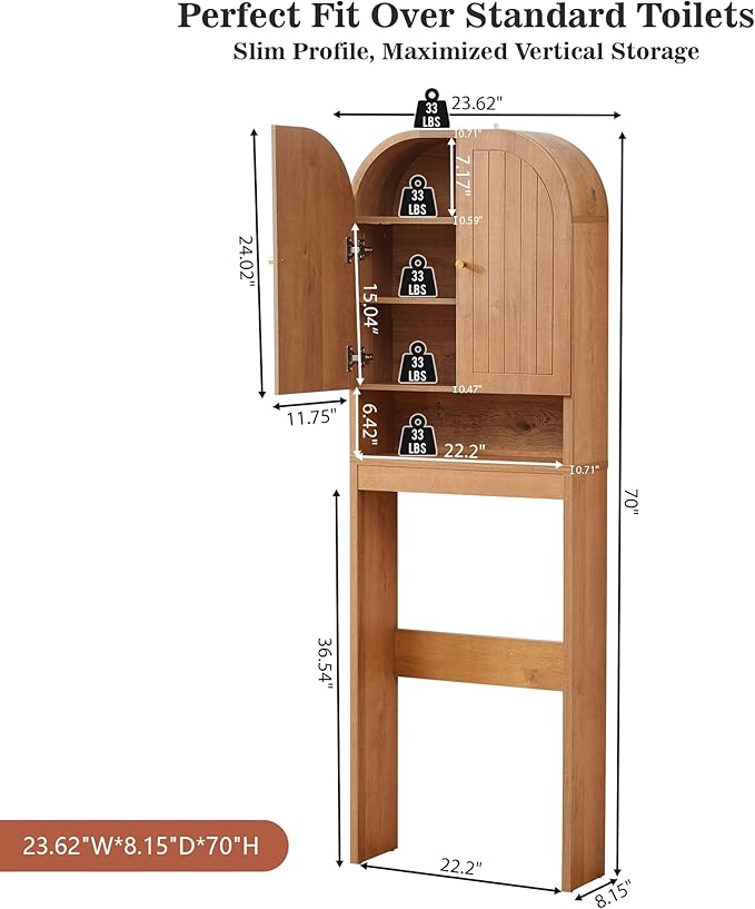 Over the Toilet Storage Cabinet, 70" Tall Bathroom Space Saver with Fluted Grooved Doors, Freestanding Over Toilet Organizer with Adjustable Shelves & Soft-Close Hinges for Small Bathrooms (Caramel)
