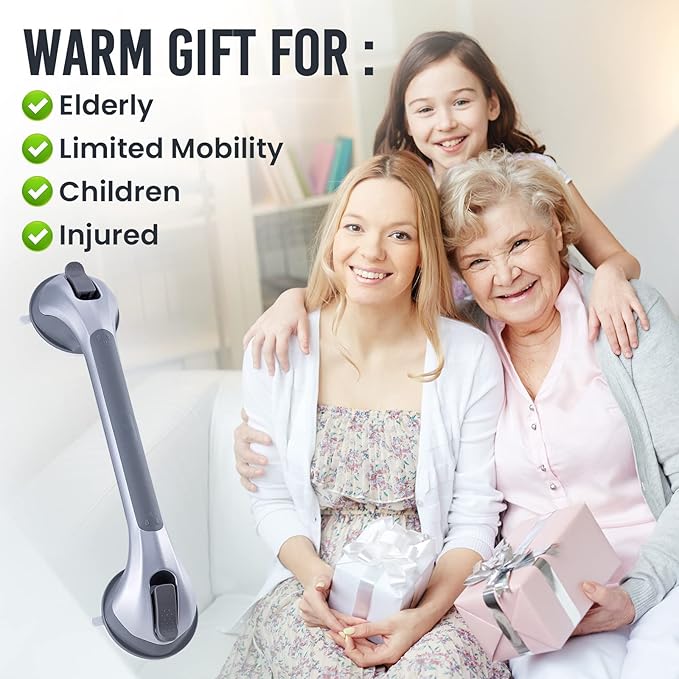 TAILI Shower Grab Bar 16 Inch Suction Cup Grab Bars for Bathroom, Removable Shower Safety Handle Heavy Duty Bathtub Grip for Seniors & Elderly, Strong Handrails No Drilling Waterproof, Silver,G9