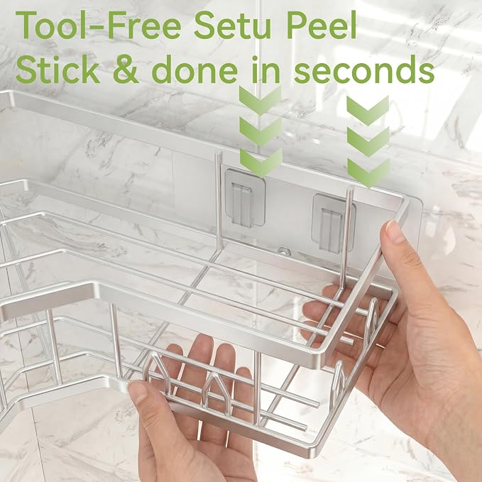 Shower Shelf Corner, Adhesive Shower Caddy Rustproof, Shower Shelves Corner with Soap Holder, No Drilling Shower Corner Organizer for Dorm, Renters Bathroom, Silver, 3 Pack