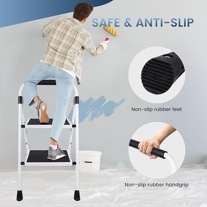 DUMOS 2 Step Ladder, Sturdy Step Stool with Anti-Slip Pedal & Comfortable Handrail, Foldable Heavy Duty Step Stool for Kitchen, Garage & Outdoor Use, 330lbs, Black