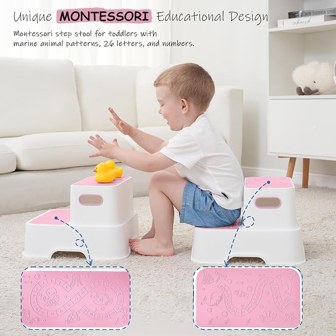 Harwaya Pink Toddler Step Stool for Bathroom Sink 2 Pack, Kids Step Stools for Girls Toilet Potty Training, Plastic Stepping Stool for Toddlers Child Kid Kitchen Bedroom (Included Two Faucet Extender)