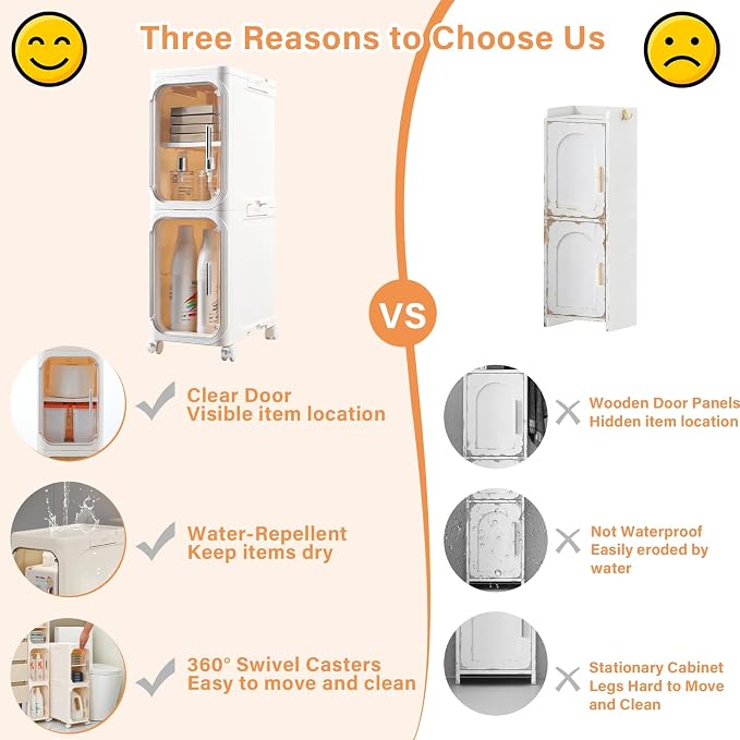 2-Tier Slim Bathroom Storage Cabinet, Narrow Storage Cabinet with Wheels, Adjustable Shelves, Magnetic Doors, Water-Proof, Anti-Tip Skinny Organizer Cabinet for Small Space, Cream White