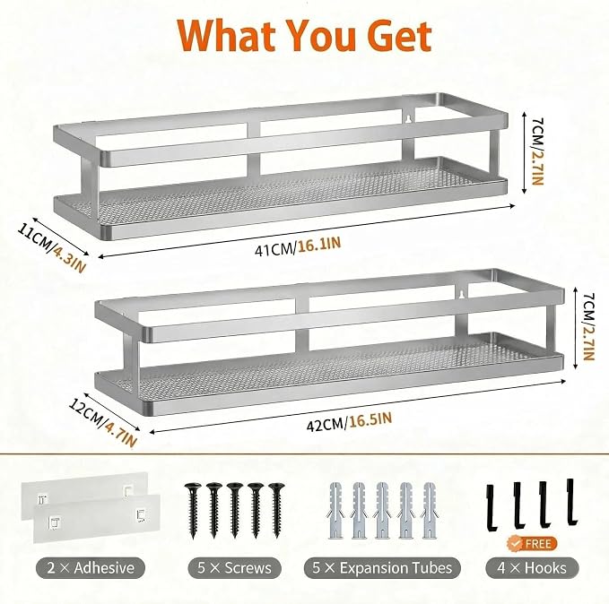 PUSDON 2-Pack 16.5" Extra Long Slim Shower Caddy, Adhesive Wall Mount Bathroom Organizer, Rustproof Open Frame Mesh Spice Rack for Kitchen, Holds 50LBS - Silver Gray, Guardrail