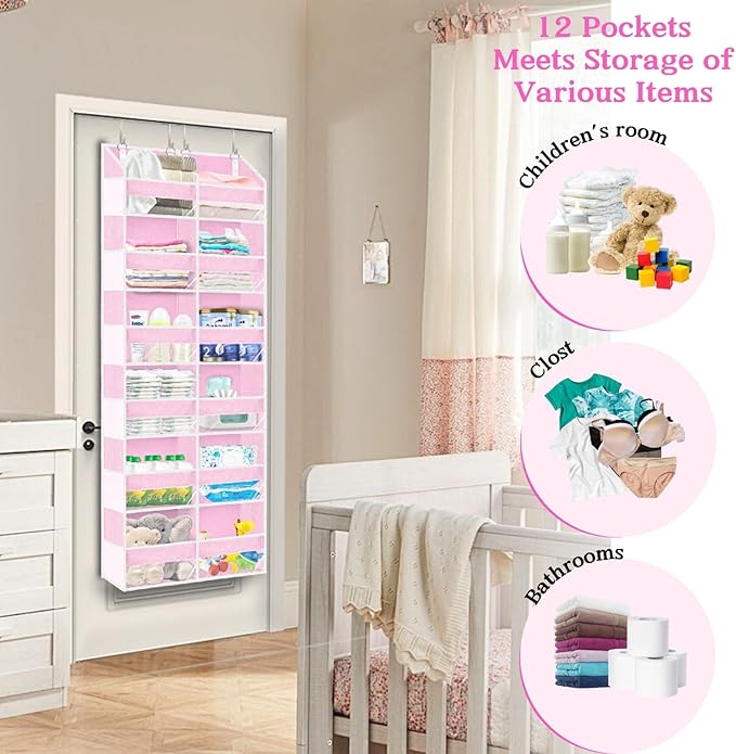 Over The Door Organizer 6 Tiers, Extra Large Behind Door Storage of 12 Compartments, 80 lbs Weight Capacity Hanging Storage Organizer with Clear Window Kids Toys,Shoes,Diapers,Room Storage,Pink