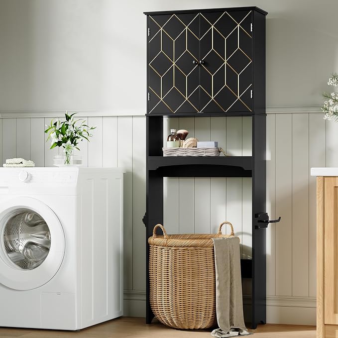 Gold Trim Over The Toilet Storage Cabinet, Double Doors Over Toilet Bathroom Organizer with Adjustable Shelves and Toilet Paper Holder, Modern Over Toilet Storage Cabinet for Bathroom (Black)