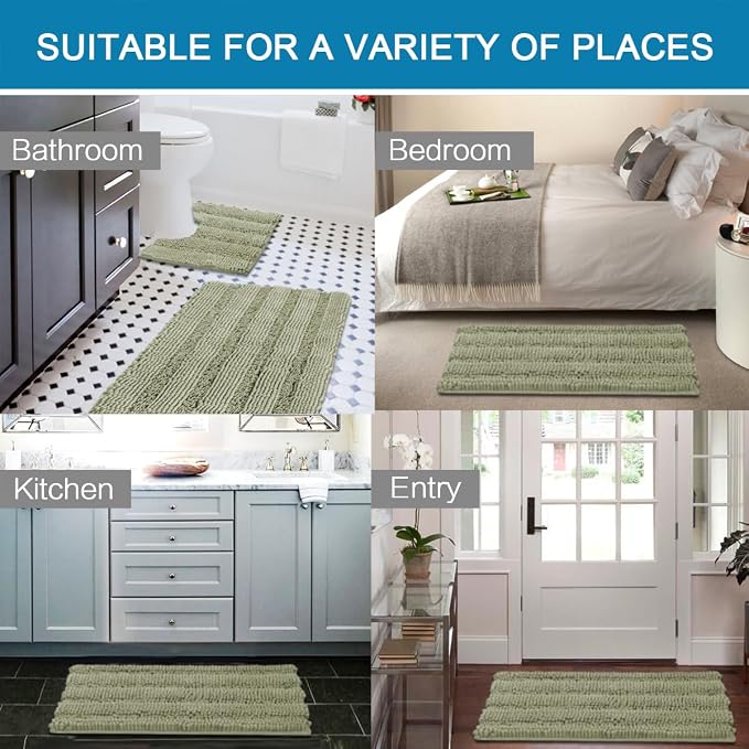 H.VERSAILTEX Bathroom Rug Sets 2 Piece Bath Mats Non Slip Thick Soft Chenille Striped Bath Rug achine Washable Shower Floor Rugs for Tub, Shower and Floor (Eucalyptus Green, 20"x32" Plus 20"x20" U)